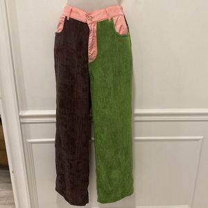 Somewhere Nowhere Brown & Green Corduroy Pants with Pink Trim S/M